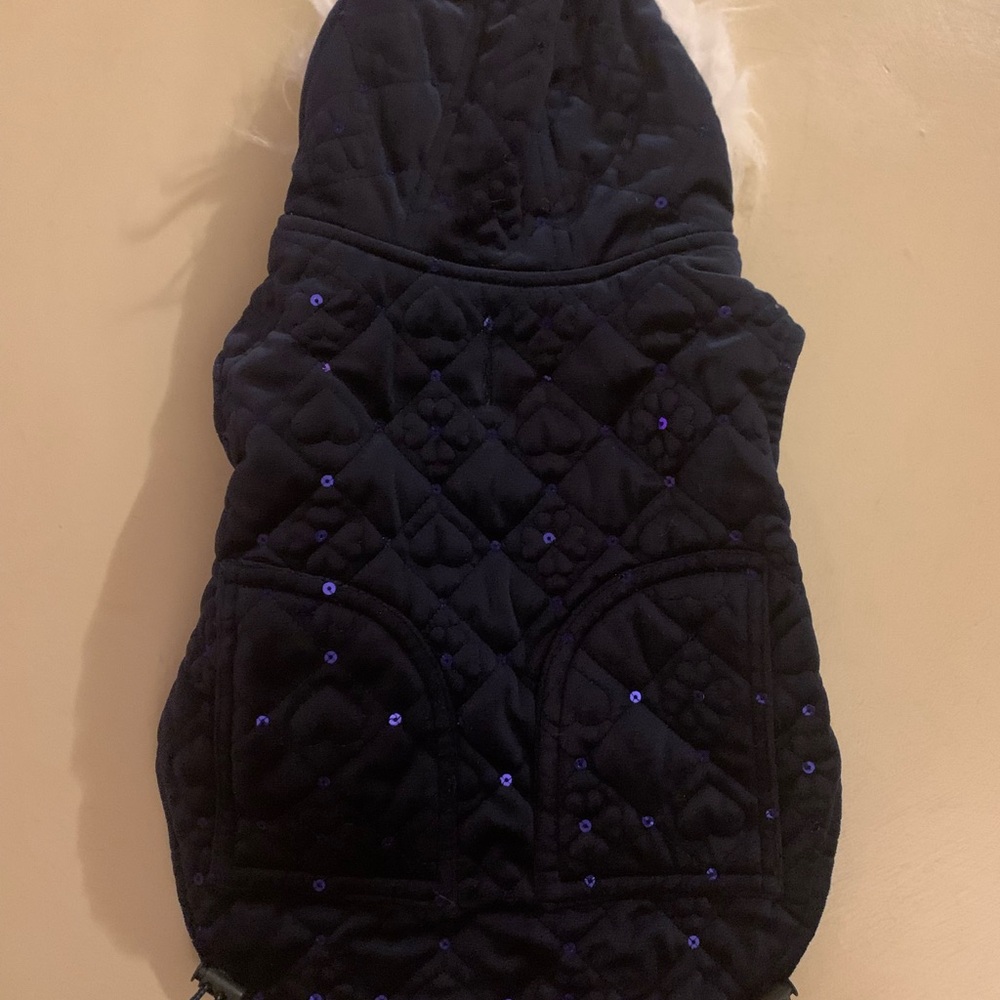 Navy Blue Velvet Sequin Fur Hood Dog Jacket.